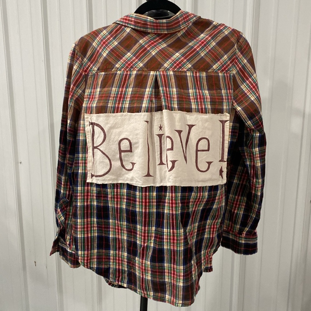 “Believe” graphic on bleached flannel, refashioned by jordigans.